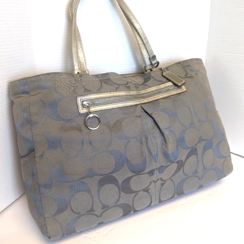 Signature Coach Monogram Gray w Leather Trim Large Tote Travel Bag Purse